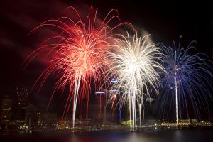 Detroit skyline with fireworks